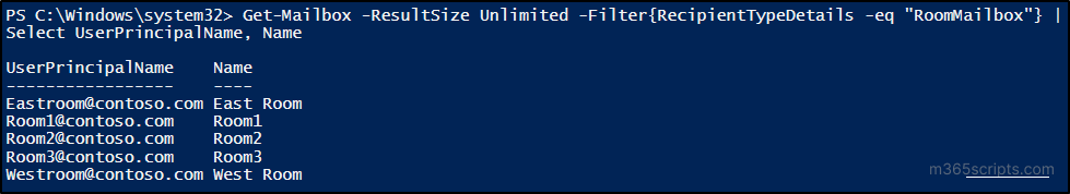 Get list of room mailboxes using PowerShell